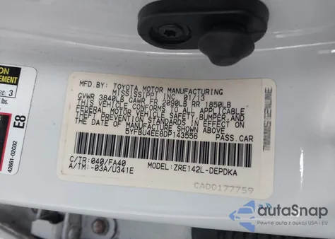 2013 Toyota Corolla L z USA, uszkodzony, nr VIN 5YFBU4EE8DP143556